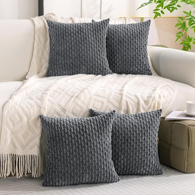 Set of 4 Medium Grey Decorative Throw Pillow Covers 16x16 Inch Corduroy Pillow - Image 2