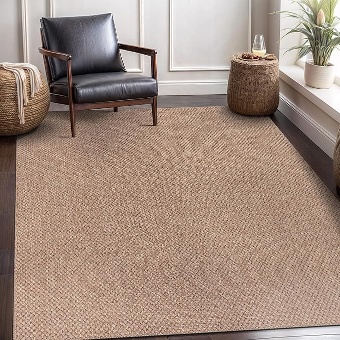 CAMILSON Easy Jute Rug 8x10, Indoor Outdoor Natural Color Farmhouse Area Rugs for Living Room Patio and Kitchen Rug, Solid Boho Woven Design, Easy-Cleaning, Washable Outside Carpet Alfombras (8 x 10)