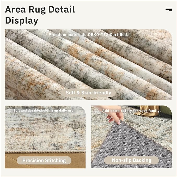 Soalmost Abstract Rug 8x10 Large Living Room Rugs Washable Orange/Brown | - Image 6