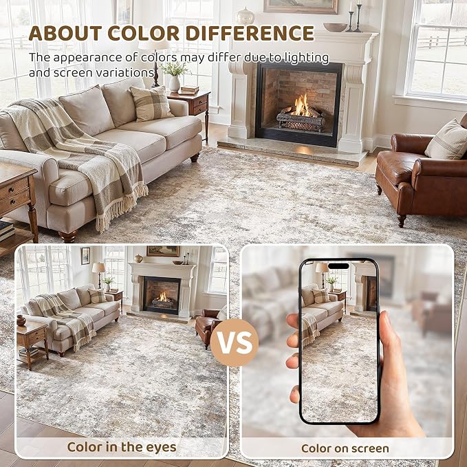 UERMEI 8x11 Area Rug Living Room Rugs Washable Neutral Brown Grey Carpet | - Image 8