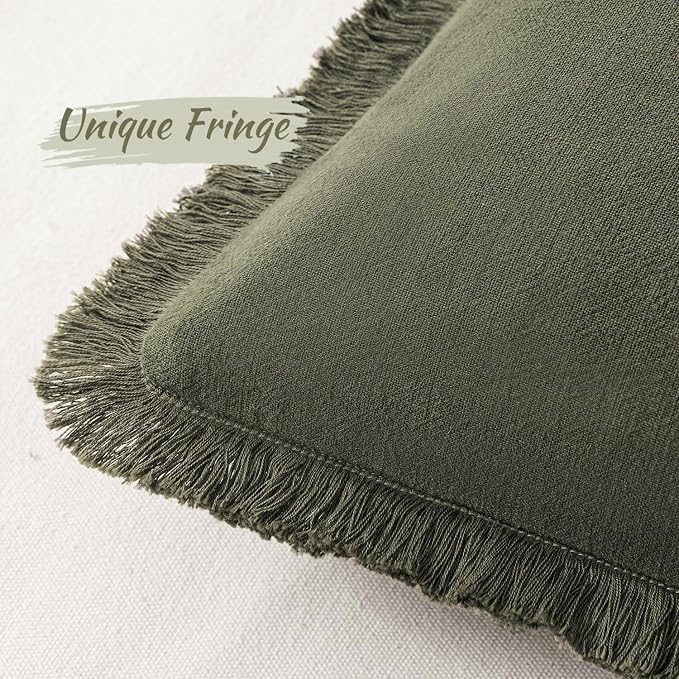 MIULEE Linen Fringe Decorative Euro Throw Pillow Covers Olive Green 22x22 | Set - Image 2
