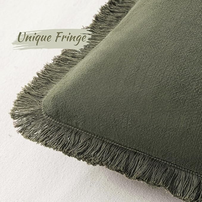 MIULEE Linen Fringe Decorative Euro Throw Pillow Covers Olive Green 26x26 | Set - Image 2