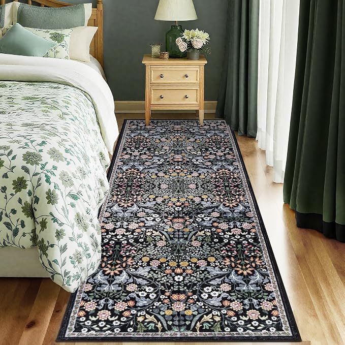 PLHXFR 2x5 Washable Runner Rug：Floral Indoor Kitchen Carpet Dark Black | - Image 2