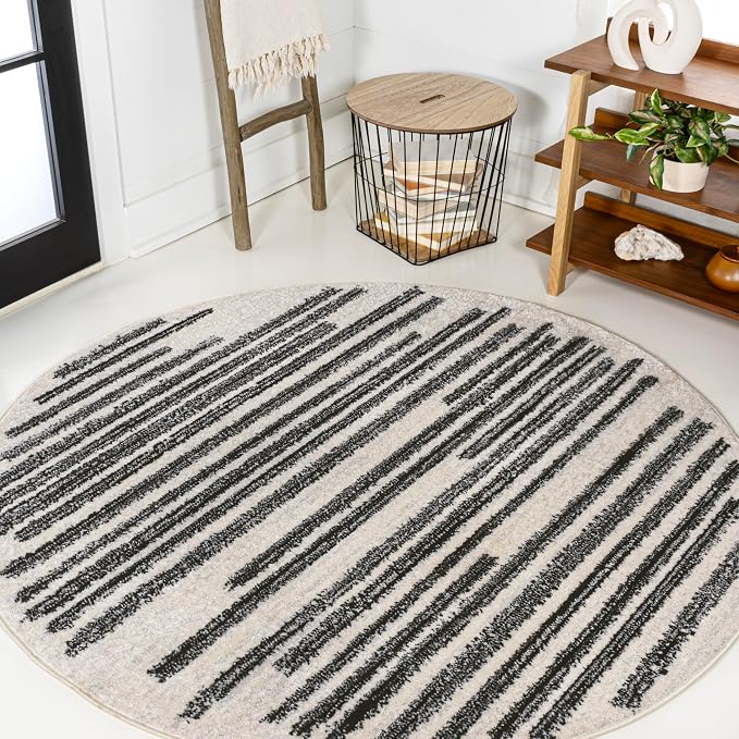 JONATHAN Y Khalil Modern Berber Stripe Cream/Black 7' Round Indoor Area Rug by JONATHANY