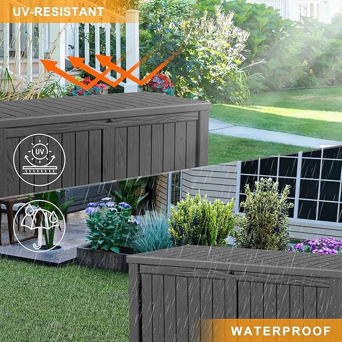 120 Gallon Deck Box,Resin Outdoor Storage Box with Lockable for Patio Furniture, Pool Accessories, Garden Tools Waterproof Outside Storage Box, Black