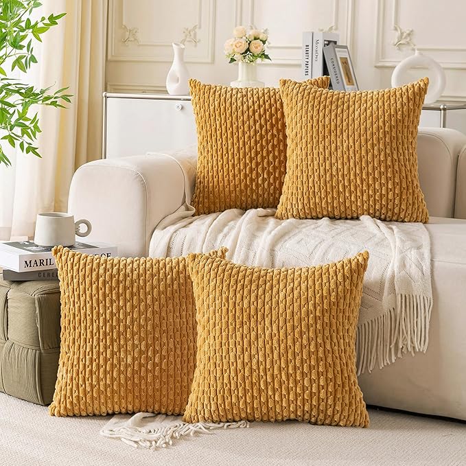 Set of 4 Mustard Yellow Decorative Throw Pillow Covers 16x16 Inch Corduroy by Cozoomy