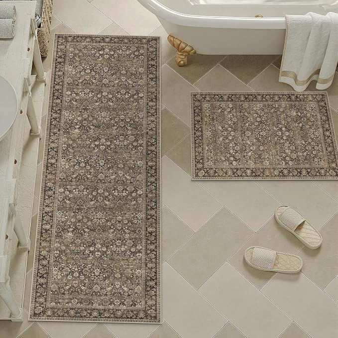 2 Piece 2x3/2x6 Washable Rug for Entryway | Brown Vintage Floral, Low Pile - Image 3