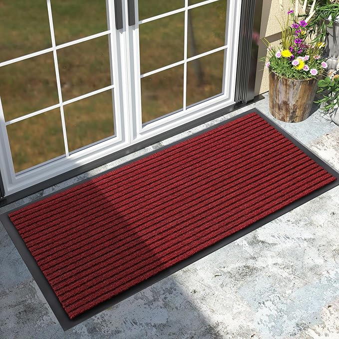 Yimobra Front Door Mat Outdoor Indoor Entrance, 100% Waterproof All-Season All Weather Doormat, Welcome Matt Outside Entry, Non Slip, Low Profile, Heavy Duty Patio Porch Floor Mats,47 x 24,Black Red
