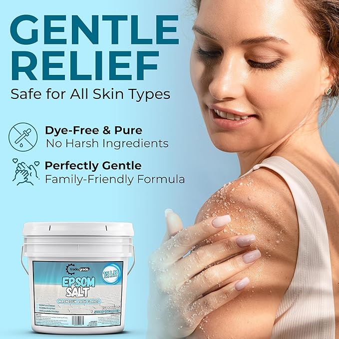 Epsom Salt Bath Soak 15 lb Bucket – Unscented, Pure Epsom Salt Bulk Crystals, Magnesium Sulfate for Full Body or Foot Soaks, Resealable Container with Scoop for Home Bath Use