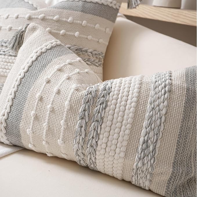 Gray Boho Decorative Throw Pillow Cover 22x22 Square Farmhouse Accent Cushion - Image 9