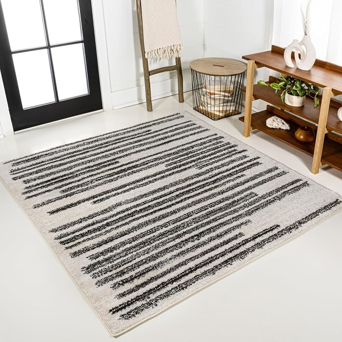 JONATHAN Y Khalil Modern Berber Stripe Cream/Black 6x6 Square Indoor Area Rug by JONATHANY