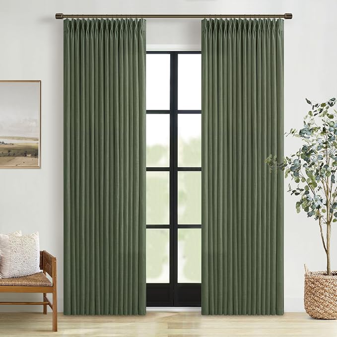 84 Inch Linen Pleated Dark Olive Green Light Filtering Country Curtains 50W | by Twodrapes