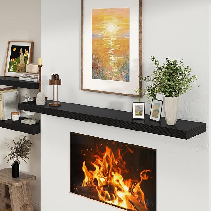 Black Floating Shelves for Wall - 72 Inch Wide x 12 Inch Deep Wall Shelves Set of 1 - Rustic Black Wood Shelves for Living Room, Bathroom, Laundry Room, Bedroom, Kitchen, Home Office