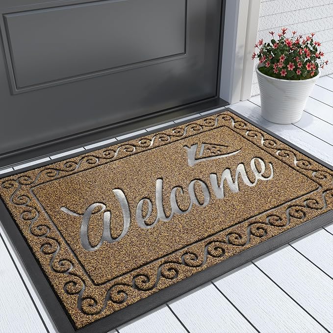 Yimobra Welcome Front Door Mat, Heavy Duty Easy Clean Doormat Indoor Outdoor, Waterproof Quick Dry Floor Mat for Home, Garage, Hign Traffic Areas, Non Slip, Low Profile, 36 x 24 Inches, Beige Brown