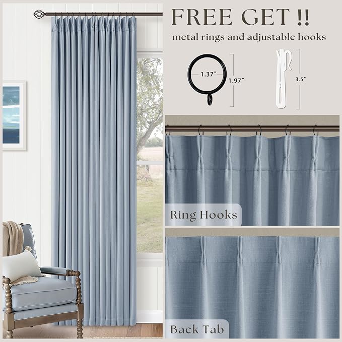 Light Blue Pinch Pleated Dual Layer Blackout Linen Curtains 102 Inches Long | - Image 3