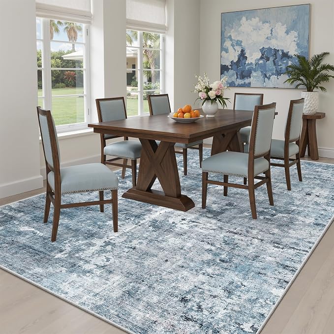5x8 Area Rugs Blue/Grey Low Pile Indoor Washable Trendy Faded Style Rugs - Image 4