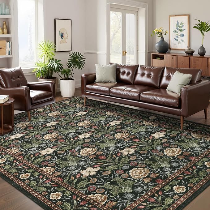 GarveeHome Area Rugs 8x10 for Living Room, Forest Green Floral Large Washable - Image 2