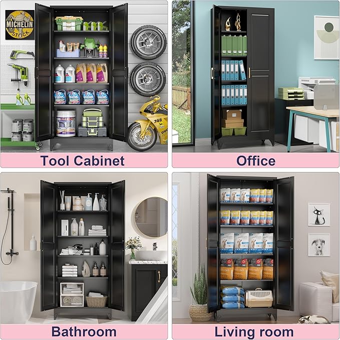 75" Storage Cabinet, Metal Pantry Cabinet, Kitchen Pantry Storage Cabinets with Doors and 4 Shelves, Cabinets for Laundry Room, Living Room, Dinning Room, Assembly Required, Black