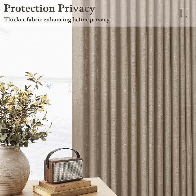 Camel Tan Linen Pleated Semi Sheer Privacy Back Tab Curtains 102 Inch Long | - Image 4