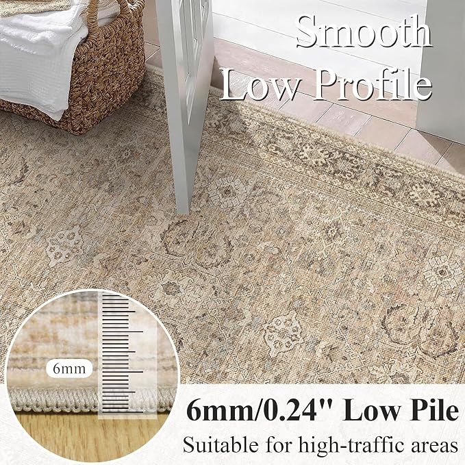 Schweek 6x9 Area Rug Khaki Washable Vintage Distressed Living Room Rugs | Non - Image 4