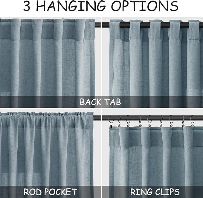 Nanspring Light Blue Linen Curtains 102 Inches Long Rod Pocket Back Tab Drapes - Image 2
