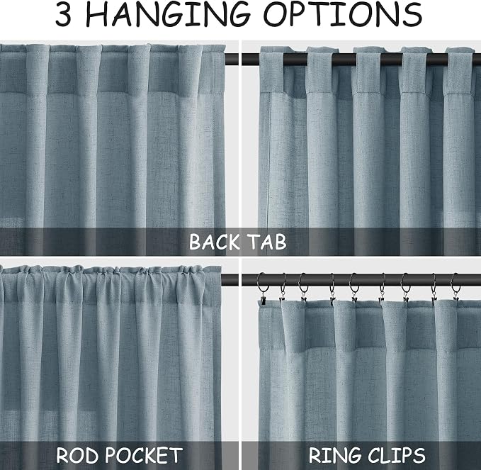 Light Blue Linen Curtains 102 Inches Long Rod Pocket Back Tab Drapes 2 Panels - Image 2