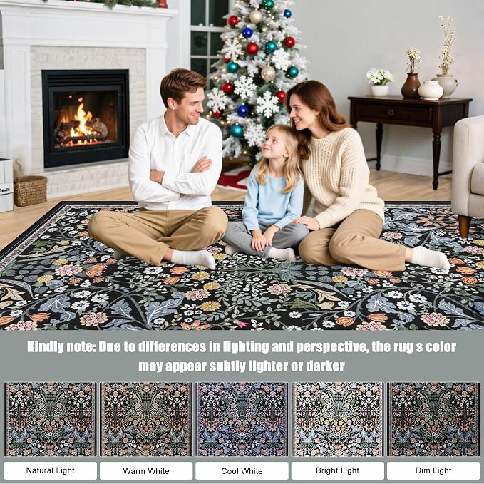 PLHXFR 2x3 Small Entryway Rug: Floral Washable Indoor Carpet Dark Black | - Image 9