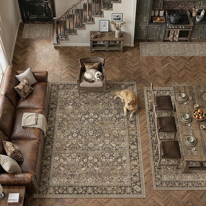 2x10 Brown Vintage Floral Washable Runner Rug - Image 4