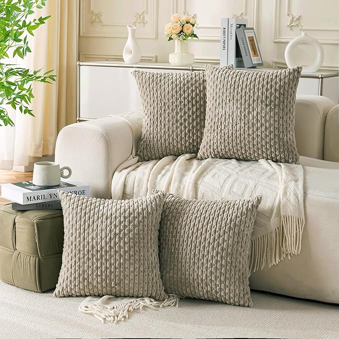 Set of 4 Taupe Decorative Throw Pillow Covers 20x20 Inch Corduroy Pillow Covers by Cozoomy