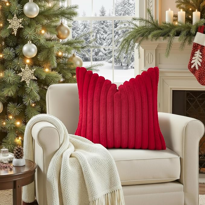 decorUhome Fall Faux Fur Throw Pillow Covers 22x22 Set of 2 Red | Decorative - Image 4