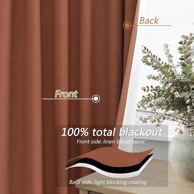 Terracotta 100% Blackout Curtains 96 Inch Length 2 Panels Set Fall Curtains - Image 4
