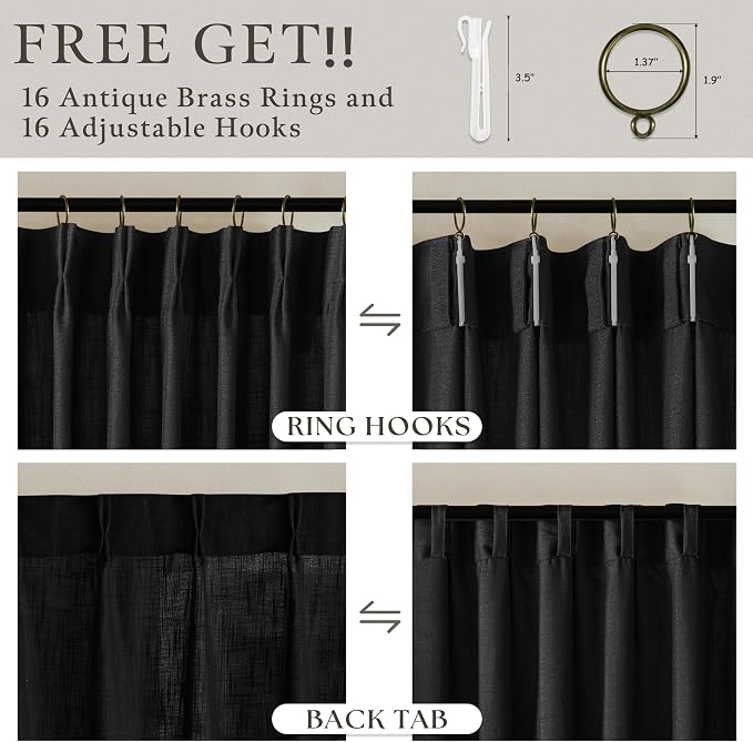 72 Inch Black Linen Blend Pleated Semi Sheer Privacy Curtains 50 Inch Wide | - Image 5
