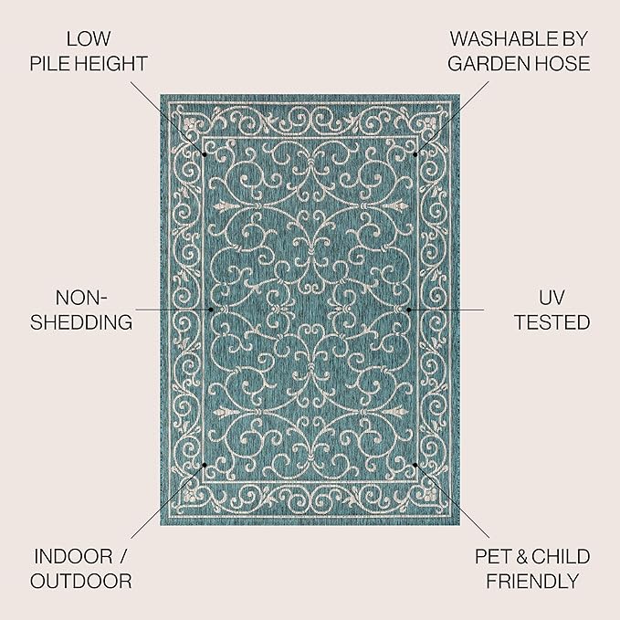 JONATHAN Y Vintage Filigree Indoor Outdoor Area Rug 9X12 Teal/Gray, Charleston Textured Weave for Backyard, Patio, Porch, Easy-Cleaning, High Traffic, Pet-Friendly, Non-Shedding (SMB106F-9)