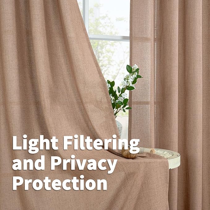 YoungsTex Mocha Linen Semi Sheer Curtains 98 Inches Long 2 Panels Set | Light - Image 3