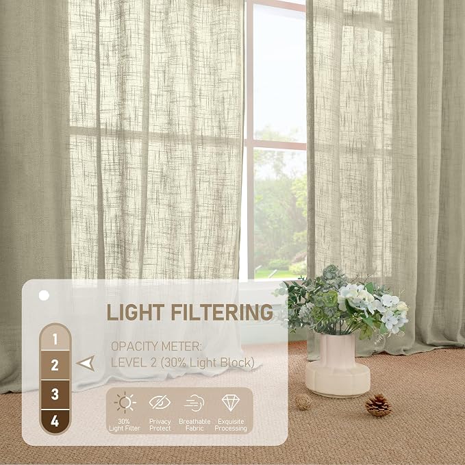 Oatmeal Semi Sheer Window Linen Curtains 63 Inch Length 2 Panels | Light - Image 4