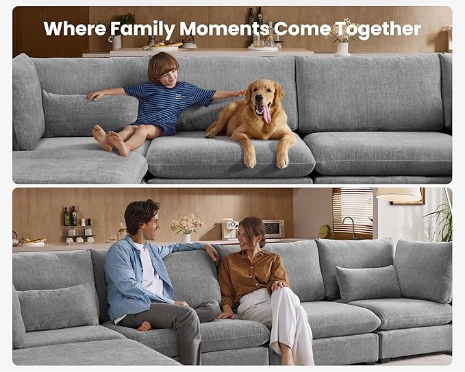 Oversized Modular Sofa, Extra Deep Cloud Chenille Sectional Couch with Ottoman Chaise, Fluffy Chenille 4 Seat L-Shaped Sofa for Living Room, Villa (L Shape 4 Seater, Chenille Grey)