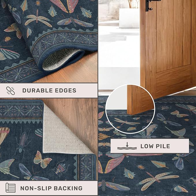 Vintage Navy Blue 2x5 Runner Rug, Washable Insect Carpet - Image 4