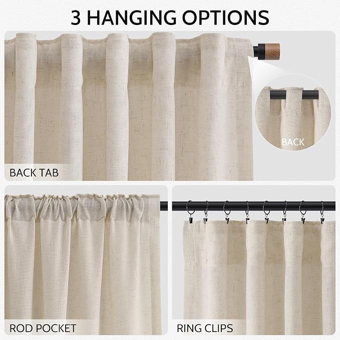 Linen Curtains 70 Inch Length for Living Room Back Tab Semi Sheer Light - Image 2