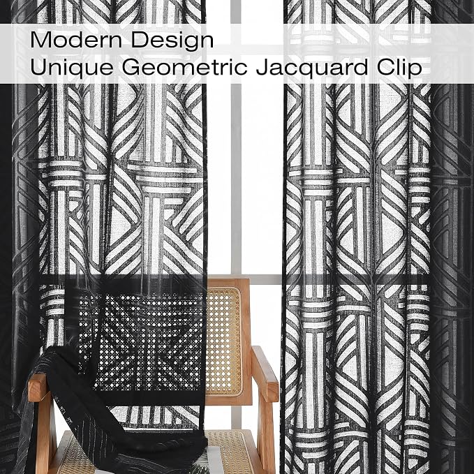 Simplebrand Black Semi Sheer Curtains 45 Inch Length 2 Panels, Geometric - Image 3