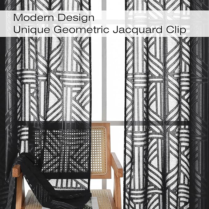 Simplebrand Semi Sheer Black Curtains 36 Inch Length 2 Panels, Geometric - Image 4