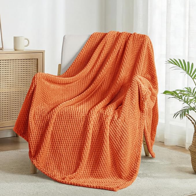 Exclusivo Mezcla Soft Waffle Fleece Bed Blanket Twin Size, Burnt Orange | - Image 4