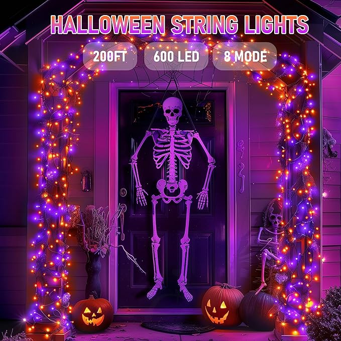 Dazzle Bright Halloween String Lights, 600 LED 196 FT Waterproof Black Wire String Lights with 8 Lighting Modes, Halloween Decorations Outdoor for Party Yard Garden Decor, Purple and Orange