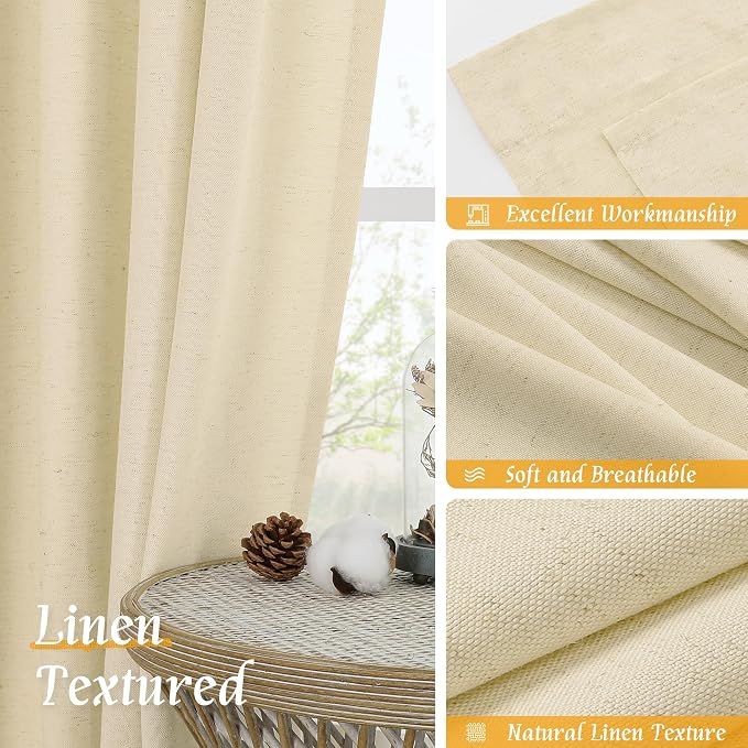 LAMIT Beige Linen Window Curtains 72 Inch Length 2 Panels, Thick Linen Textured - Image 7