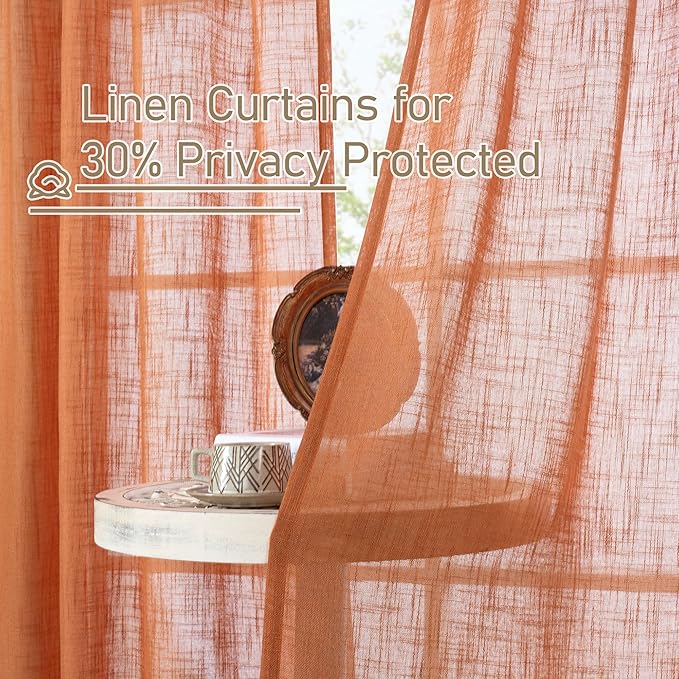 LAMIT Burnt Orange Linen Curtains 95 Inch Length 2 Panels, Linen Textured Light Filtering Drapes for Living Room/Bedroom Country Semi Sheer Window Treatments with Bronze Grommet, 52 x 95 Inch
