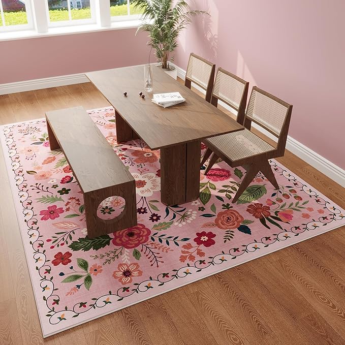 Area Rugs 8x10 Rug for Living Room Clearance Washable Boho Area Rug Non Slip Floral Vintage Low Pile Large Rug for Living Room, Bedroom, Farmhouse, Dining Room, Kids Playroom(Pink)