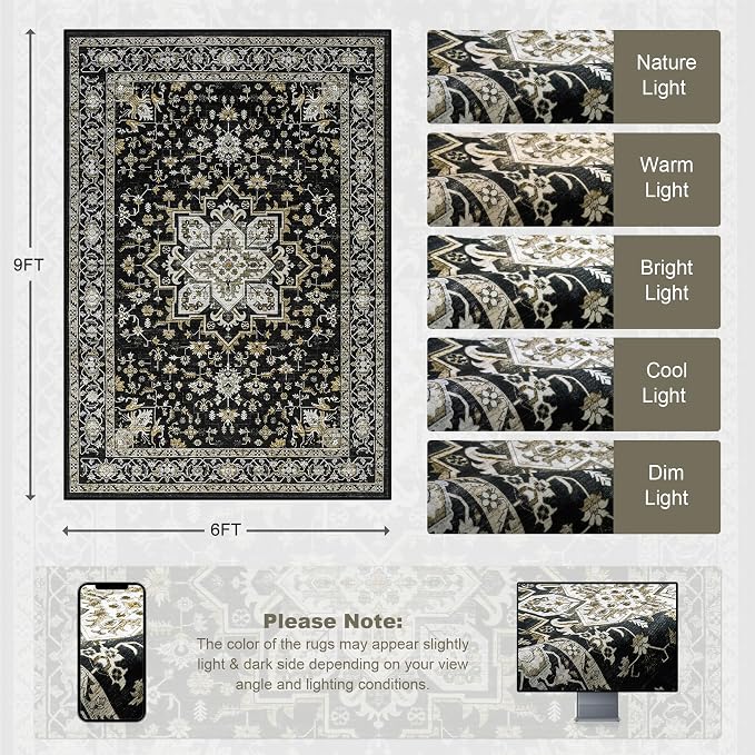 6x9 Area Rugs Living Room Rug: Washable Vintage Boho Medallion Rug No Slip - Image 2