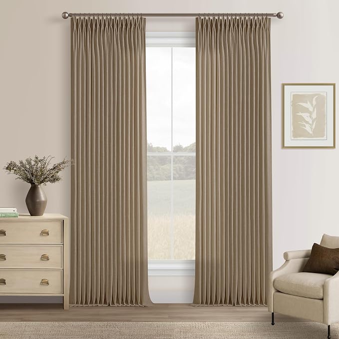 Latte Brown Pinch Pleated Thick Linen Semi Sheer Curtains 108 Inches Long | by Twodrapes