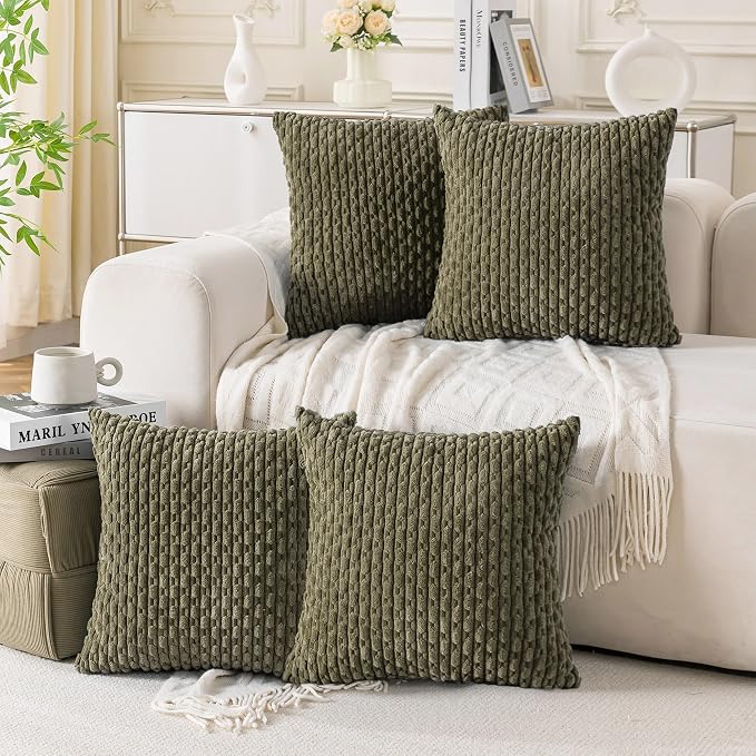 Set of 4 Olive Green Decorative Throw Pillow Covers 18x18 Inch Corduroy Pillow by Cozoomy