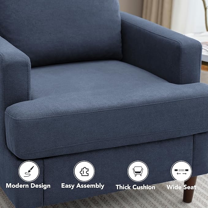 Mid-Century Accent Chair,Modern Linen Fabric Armchair for Living Room,Comfy Upholstered Reading Accent Chairs for Bedroom,Single Sofa Chair with Wood Legs (Blue Grey, 2 Pack)