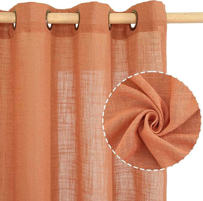 Burnt Orange Sheer Linen Curtains, 84 inch Light Filtering Semi Sheer Panels - Image 2